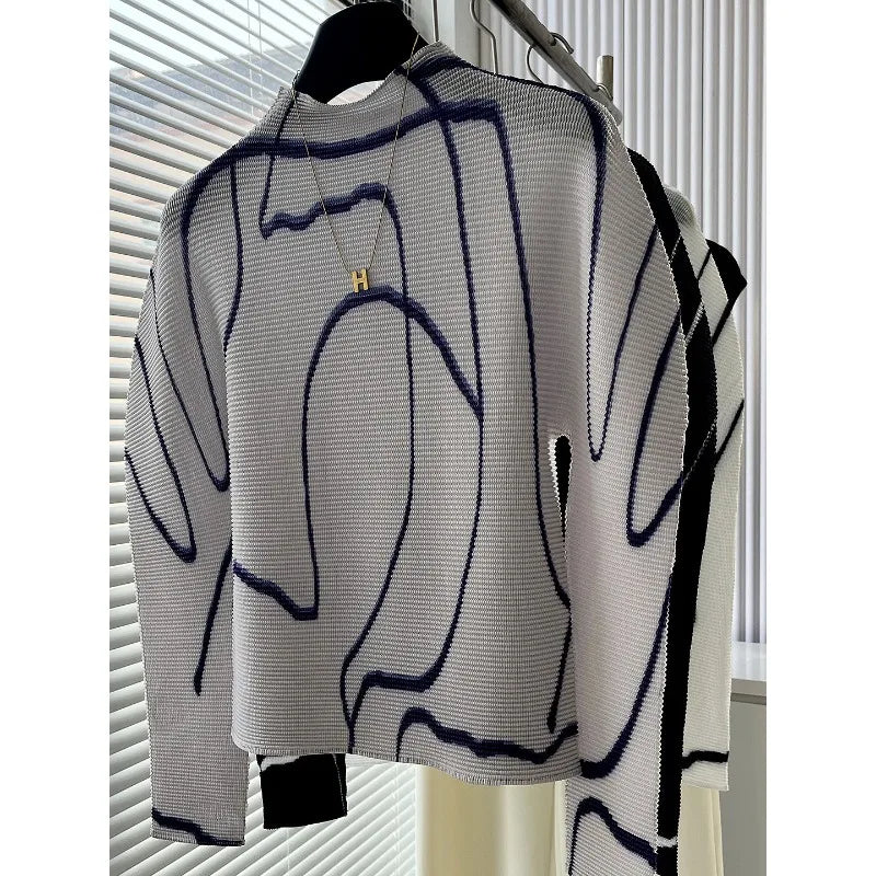 Miyake Pleated T-Shirt 2026 Spring Niche Design Personality Versatile Long Sleeve Pleats Print Top High Neck Slim Fit T-Shirt
