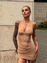 Solid Semi Sheer Corset Pleated Mini Dresses Women Sexy Boned Waist Cinched Slim Fit Sleeveless Dress Summer Party Vacation Gown