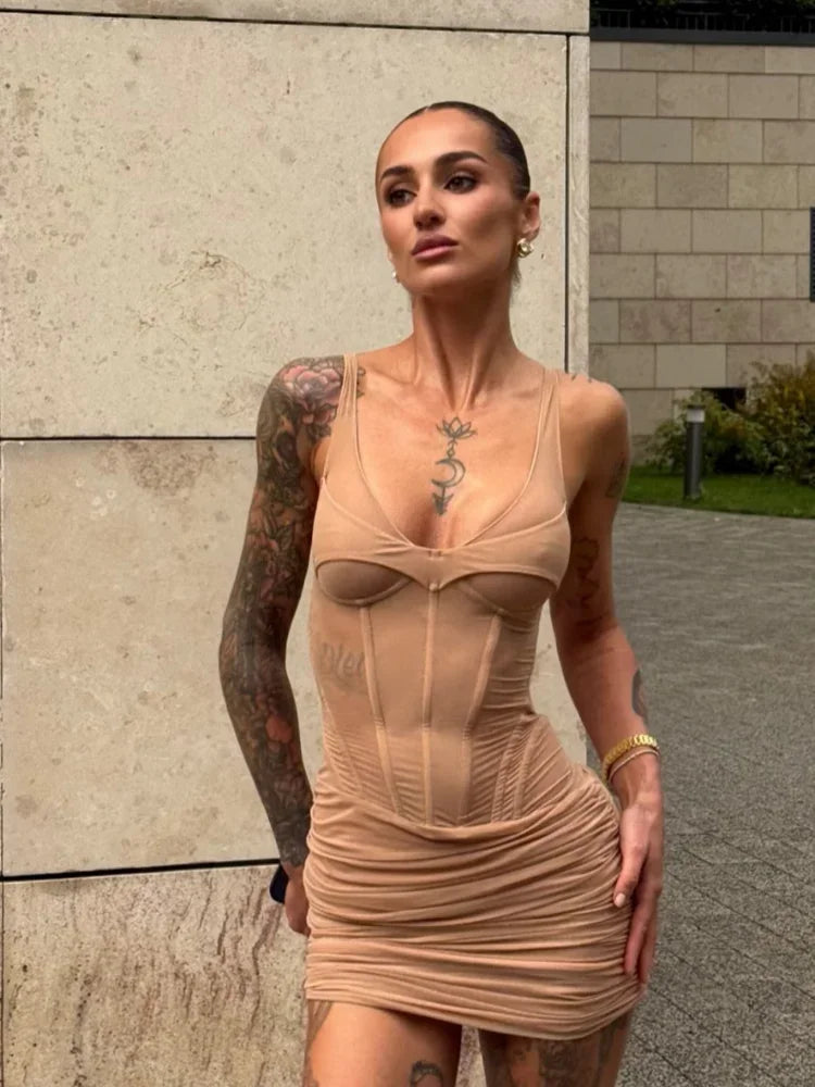 Solid Semi Sheer Corset Pleated Mini Dresses Women Sexy Boned Waist Cinched Slim Fit Sleeveless Dress Summer Party Vacation Gown