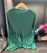 Pleated Long Sleeve T-Shirt Simple Casual Solid Color Versatile Patchwork Stretch Top Women Lightweight Stretch Clothing