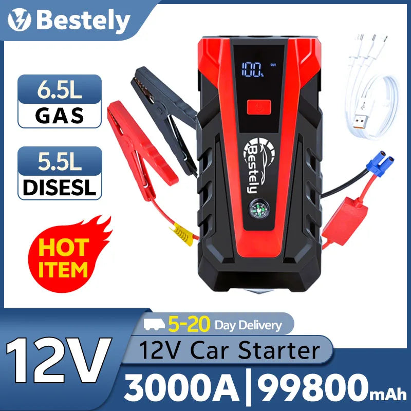 Bestely 12V 99800mAh 3000A Car Jump Starter Car Battery Starters Portable Power Bank 12V Starting Device Petrol Diesel Car