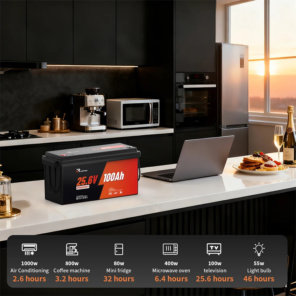 RVLithTime 24V (25.6V) 100Ah LiFePO4 Battery, Grade A Cell, Built-in 100A BMS, Low Temp Protection, 2560Wh Deep Cycle Lithium Battery, IP65 Waterproof, 6000+ Cycles for RV, Marine, Camper Van, Home Backup, Off-Grid Solar