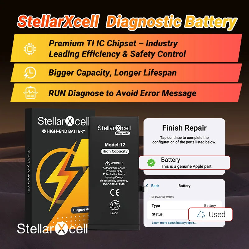 StellarXcell-Diagnostic OEM TI 27546 Battery No Important Message Run Diagnose for iPhone 12 13 14 Plus 15 Pro Max Mini Battery