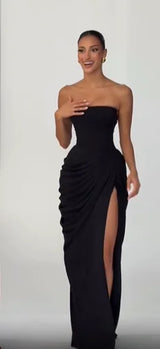 Elegant Yellow Strapless Pleated Dress Women Chic Sleeveless Waist Cinching Split Maxi Gowns Lady Evening Party Dresses 2026 New