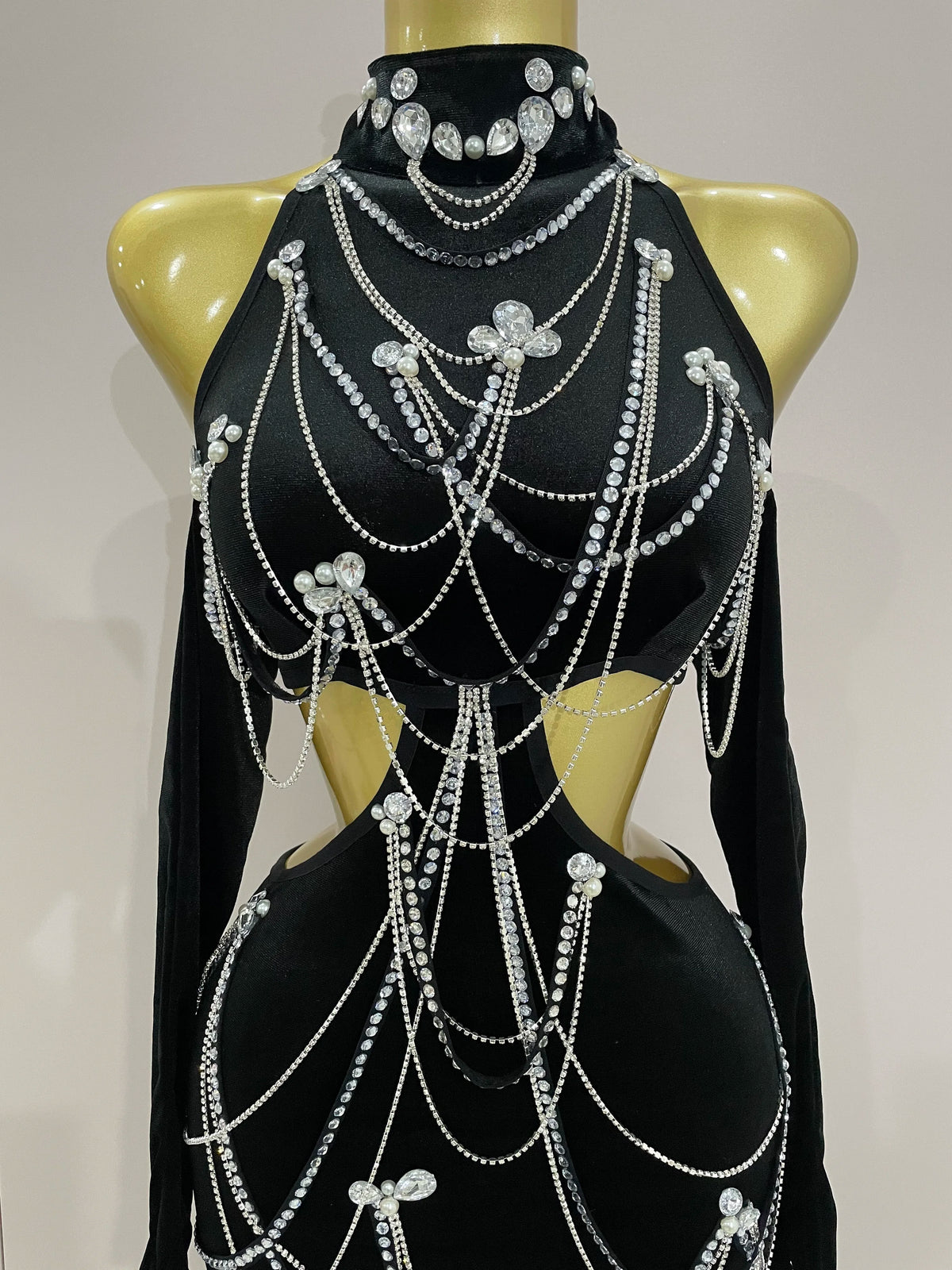 2025 Women Sparkly Diamonds Tassels Chain Balck Sexy Halter Backless Long Dress Evening Birthday Party Celebrate Stage Costume