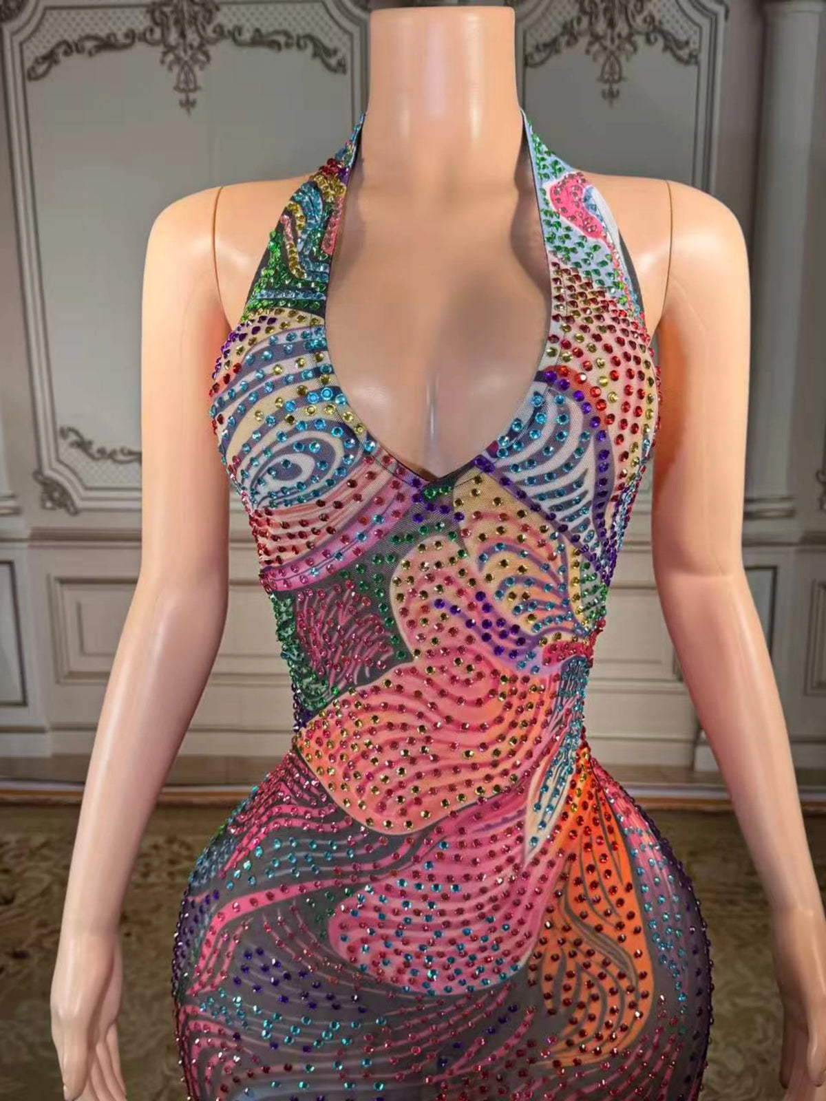 Sexy Luxury Sparkly Rhinestones Long Dress Women Mesh Party Celebrate Birthday Gown Photo Shoot Wear Performance Stage Costume