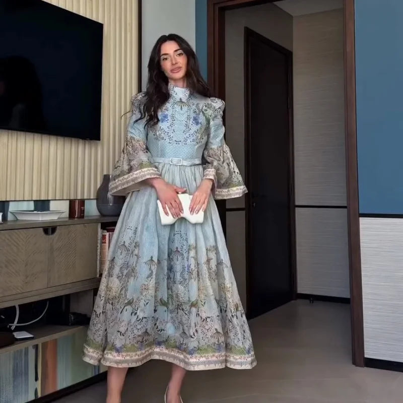 Retro Floral Print Women's Long Dress With Tassel Belt Stand Collar Long Sleeve Muslim Kaftan Dresses 2026 Spring New Lady Robes