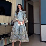 Retro Floral Print Women's Long Dress With Tassel Belt Stand Collar Long Sleeve Muslim Kaftan Dresses 2026 Spring New Lady Robes