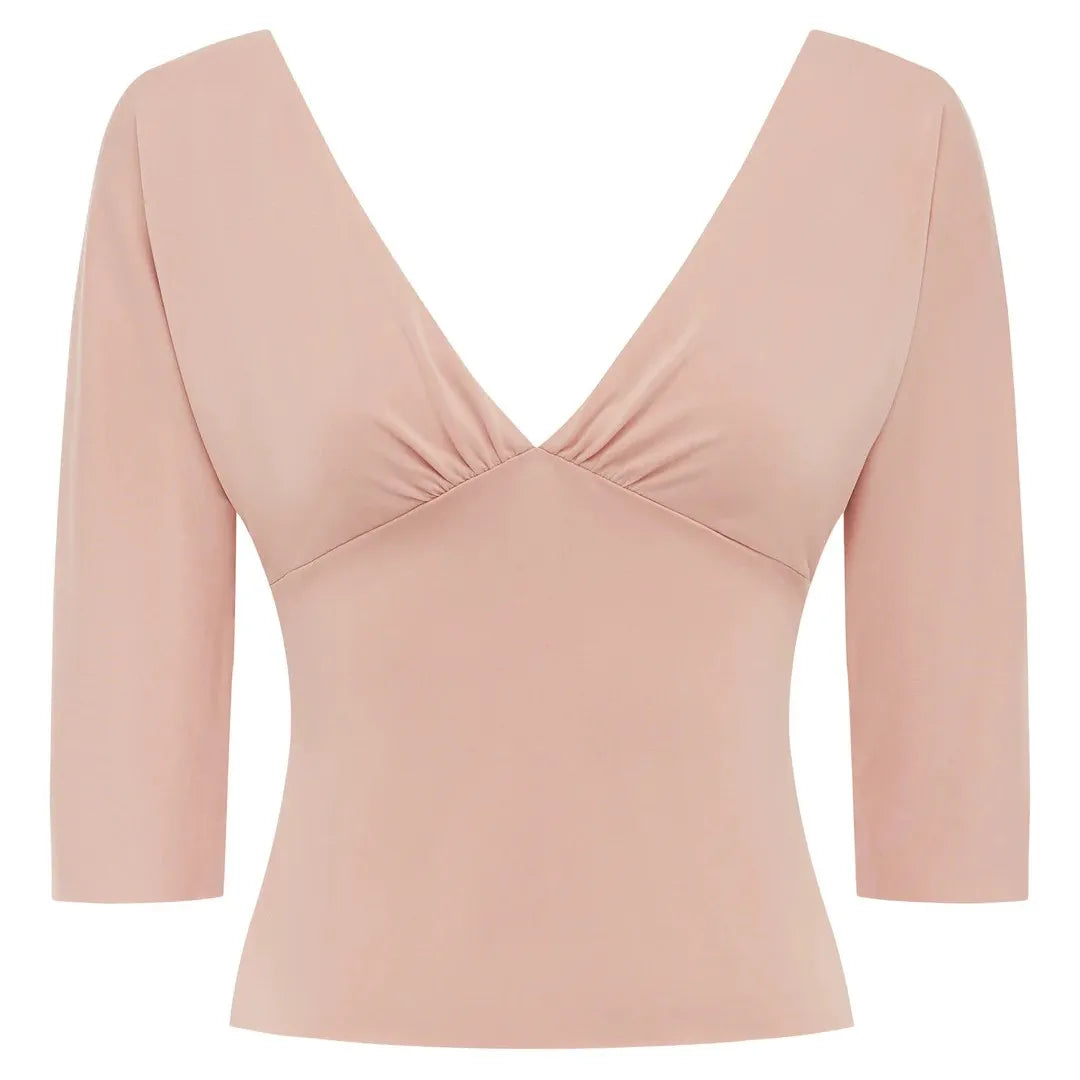 Wj Deep V-Neck Ruched Three-Quarter Sleeve Top, Short Waist-Revealing Slim-Fit Knit Base Shirt, Ruched Neckline Waist-Cinching Short Top, Versatile Solid Color Basic Top
