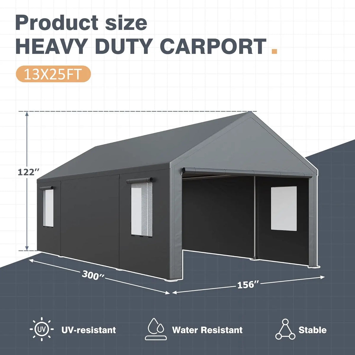 13x25 Ft Carport, Car Ports with 180g PE Tarp, Side-Opening Door & Roll-Up Windows, Carport Canopy, Portable Garage, Customized