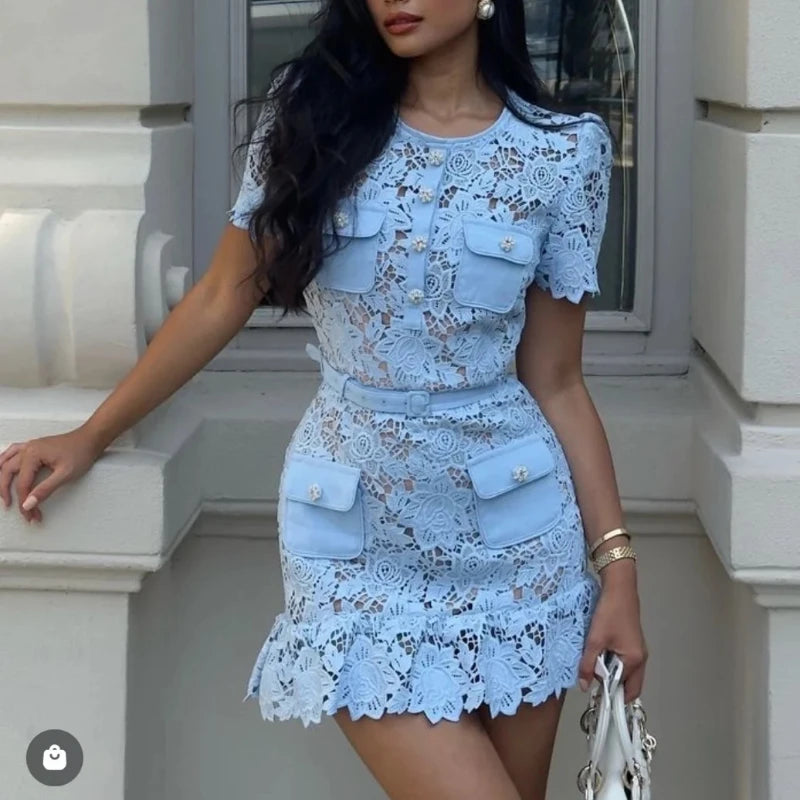 Blue Lace Dress Women Summer with Belt Short Sleeve Streetwear Clothing Lady Hollow Out Runway Design Vestidos Bodycon