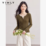VIMLY Green Long Sleeve T-shirt Women Fashion Henley Neck Lace Spliced Slim-fit Knit T-shirt 2026 Fall Elegant Top Female 31596