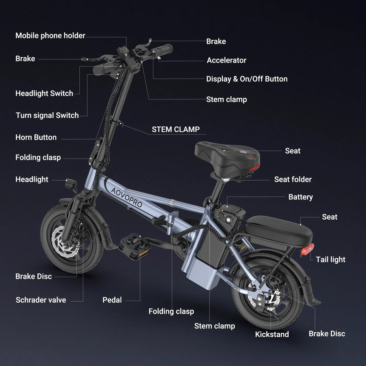 AOVOPRO 14'' EB60 Foldable Electric Bike 500W 48V 10.4AH Battery 22MPH Max Speed 28Miles Long Range with Two Seats for Adult