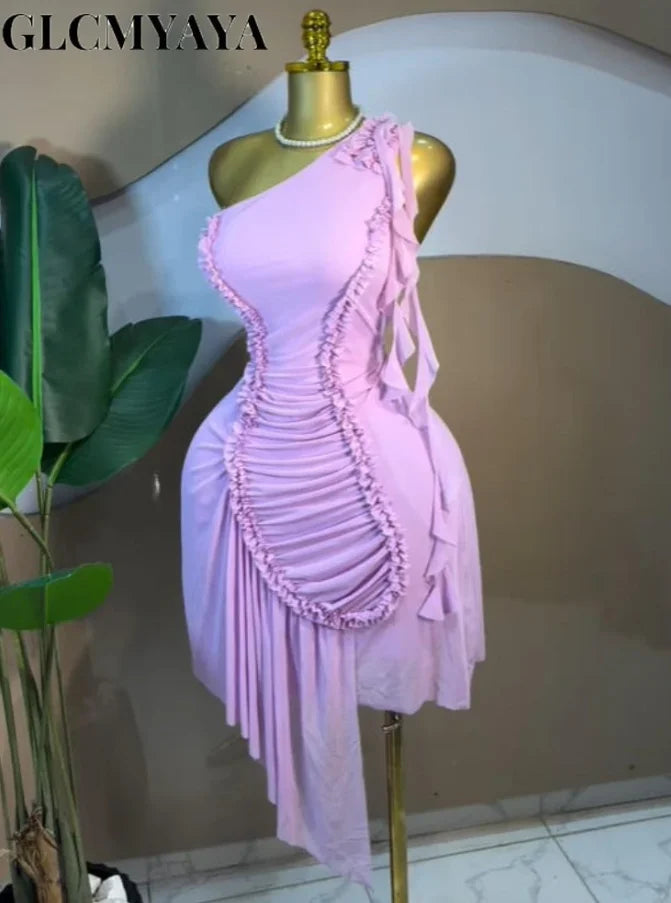 CM.YAYA Women Ruffles Streamer One Shoulder Irregular Midi Mini A-line Dress 2026 Elegant Birthday Party Dresses Trendy Vestidos
