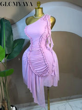 CM.YAYA Women Ruffles Streamer One Shoulder Irregular Midi Mini A-line Dress 2026 Elegant Birthday Party Dresses Trendy Vestidos