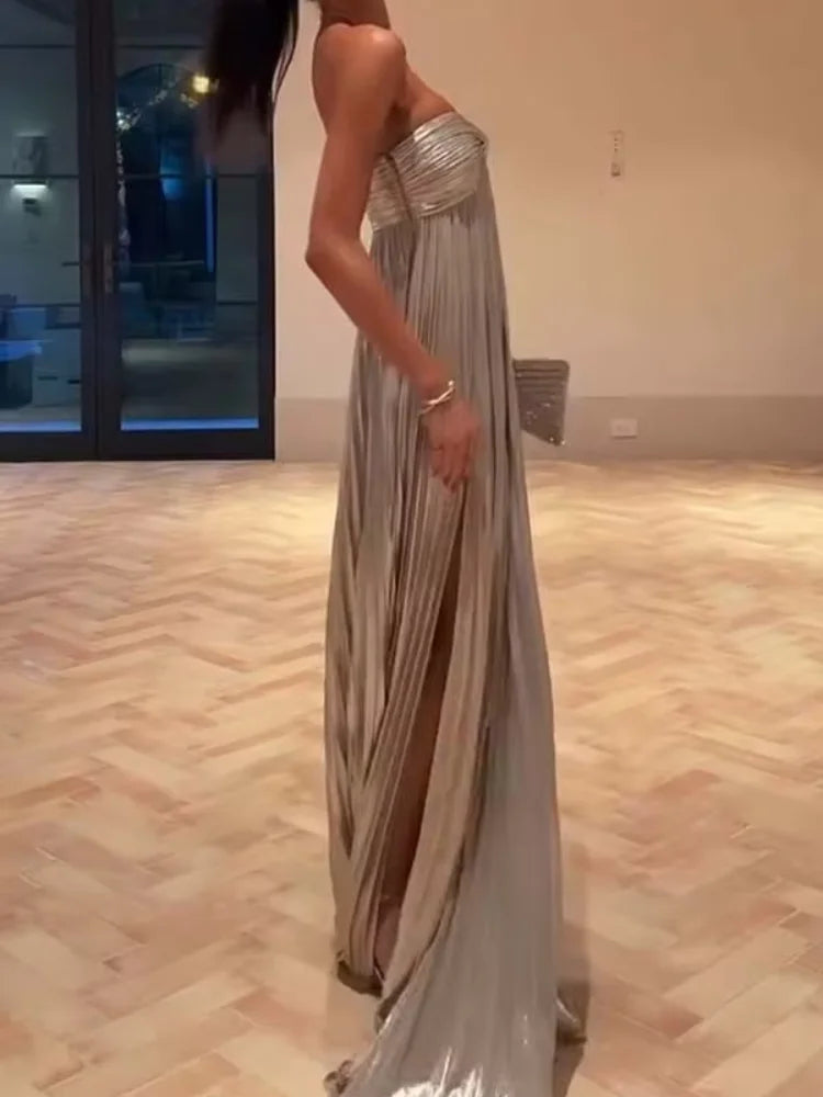 Women Solid Strapless Maxi Dress Sexy Sleeveless Off-shoulder Backless Loose Pleated Long Gowns 2025 Lady Evening Party Dresses