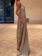 Women Solid Strapless Maxi Dress Sexy Sleeveless Off-shoulder Backless Loose Pleated Long Gowns 2025 Lady Evening Party Dresses