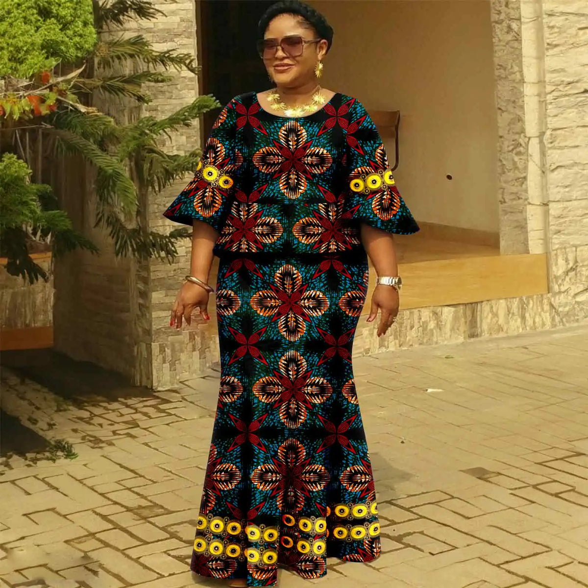 Afripride African Dresses for Woman Customized Loose Gold Ankara Printed Two Piece Flared Sleeve Fishtail Hem Dress 2425046
