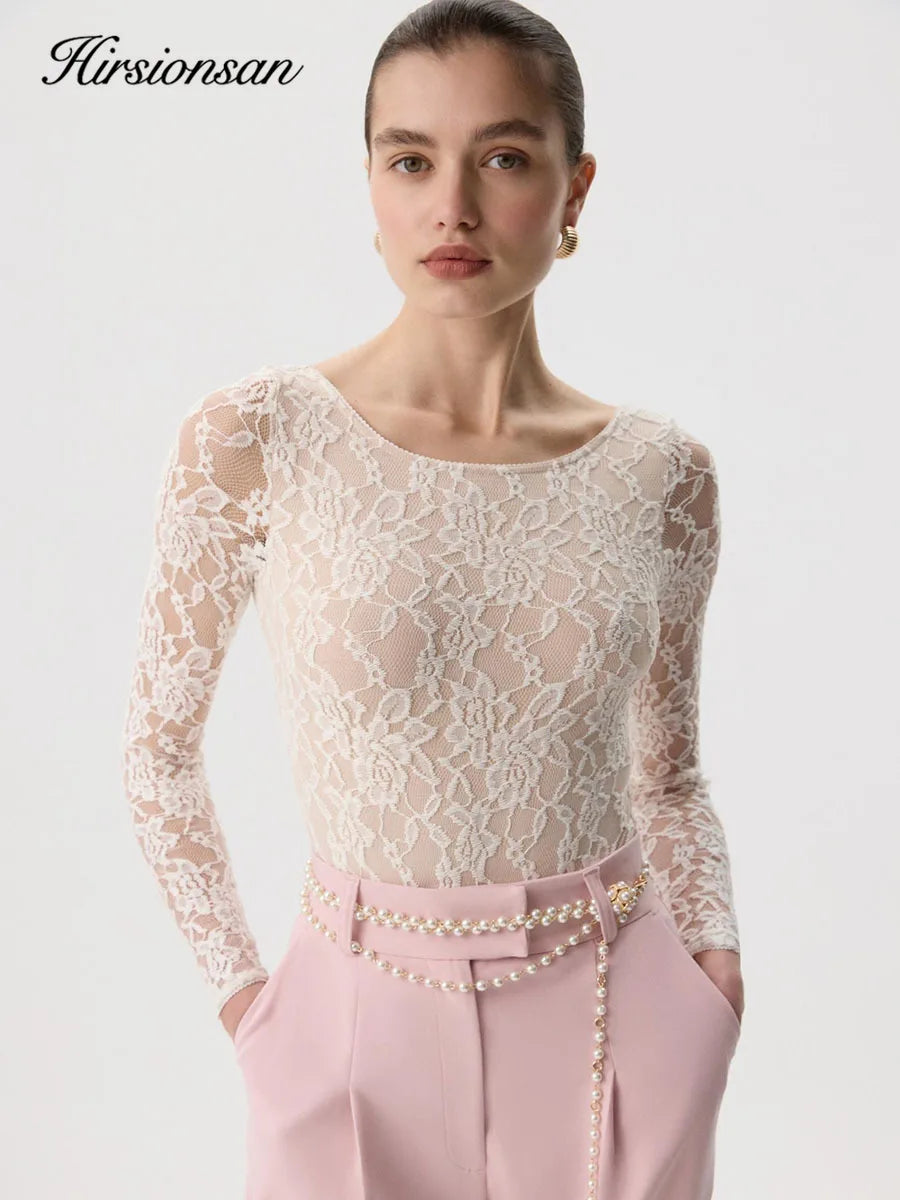 Hirsionsan 2026 Pure Desire Long Sleeved Lace T-shirt for Women in Spring, Slim Fit, Waist Cinching, and Bottom Layer Shirt