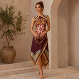 Vintage Bohemian Scarf Print Midi Dress Women Elegant Floral Sleeveless Wrap Dress Summer Asymmetrical Handkerchief Hem Fringe