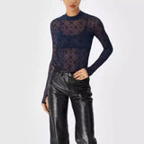 Sexy Top Women Long Sleeve Korean Sweet Spicy Hollow Out Mesh Plush Moon Print Perspective Design Mushroom Edge Tight Tshirt