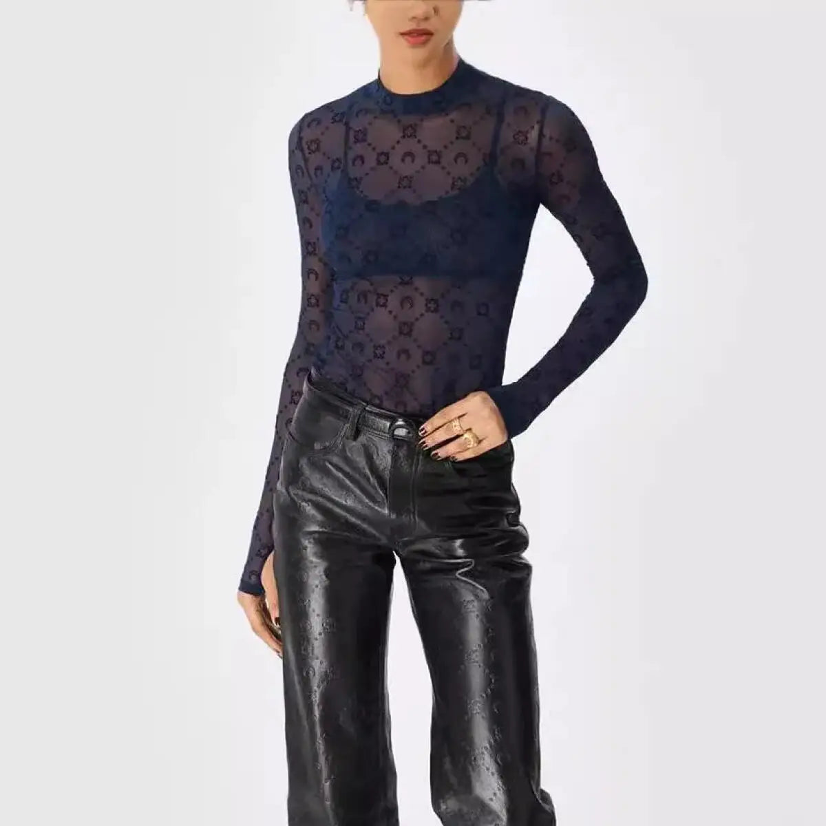 Sexy Top Women Long Sleeve Korean Sweet Spicy Hollow Out Mesh Plush Moon Print Perspective Design Mushroom Edge Tight Tshirt