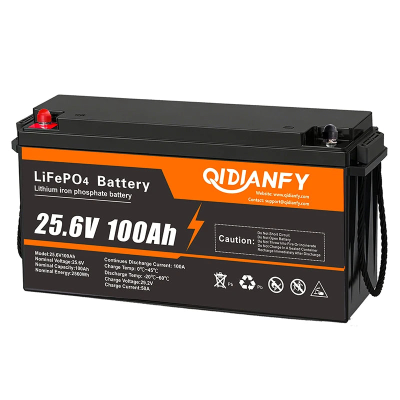 Qidianfy 24V 100Ah LiFePO4 Battery Built-in 100A BMS 2560Wh Deep Cycles Rechargeable Lithium Battery for RV Camping Home Backup Power Solar Off-Grid