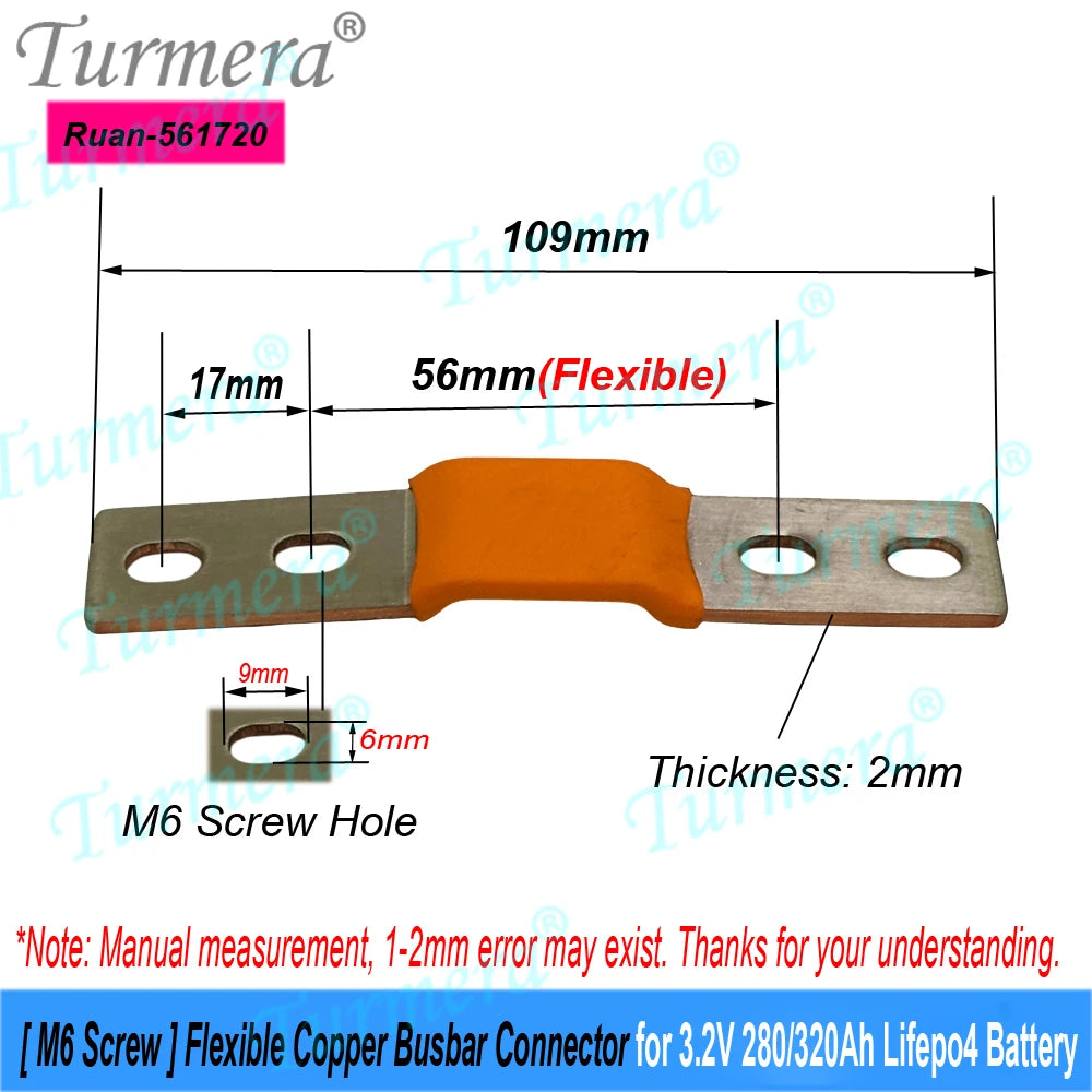 Turmera 24V 48V 12V Lifepo4 Battery Flexible Busbar Copper Connecter Hole to Hole 56mm 2mm 400A for 280Ah 320Ah Lifepo4 Battery