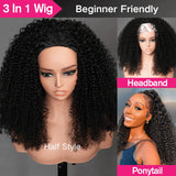 300% Half Wigs Human Hair 4C Kinky Curly Headband Wig Upgrade 3 IN 1 Half Wig With Drawstring Seamless Clip Ins Flip Over Wig