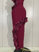 Women 3D Flowers Sexy Sleeveless Wine Red Long Bodycon Bandage Dress Knitted Celebrity Elegant Evening Luxury Club Party Dresses