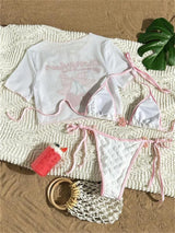 White Floral Jacquard Bikini Cherry Print Mesh Cover Ups Swimsuit Tankini Women 3 Piece Micro Thong Swimwear Korean Beach Outfit