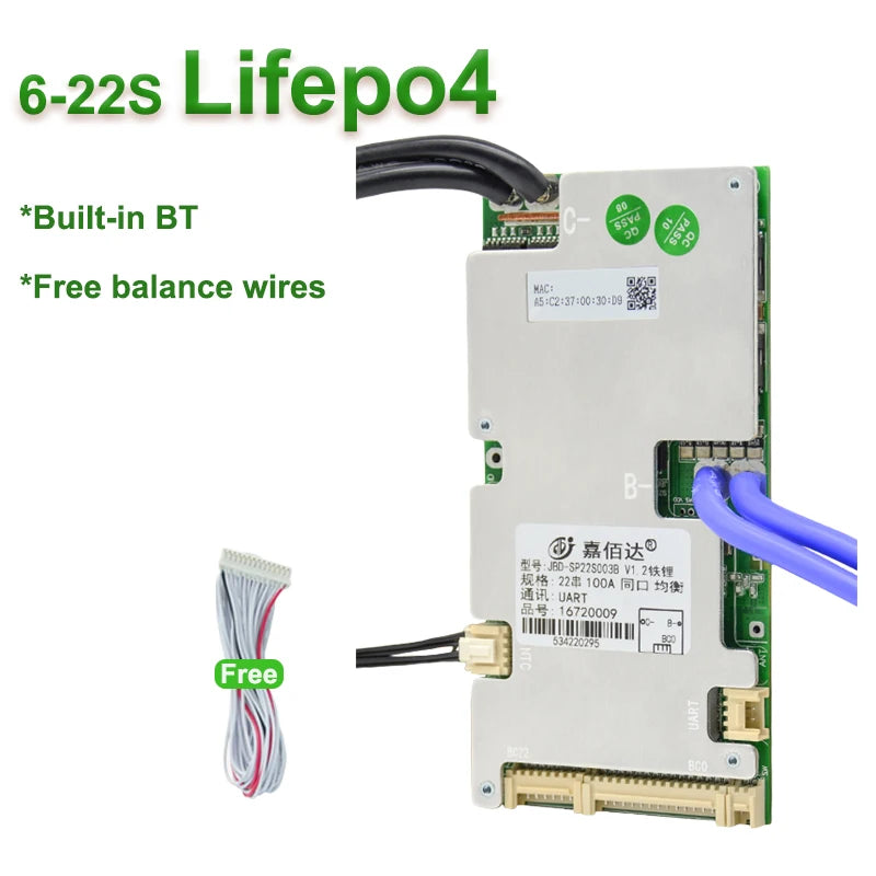 JBD Smart BMS 6S 8S 10S 12S 14S 15S 16S 18S 20S 21S 22S Li-ion BMS Lifepo4 100A 80A 50A 40A 24V 36V 48V 60V Built-in BT With NTC