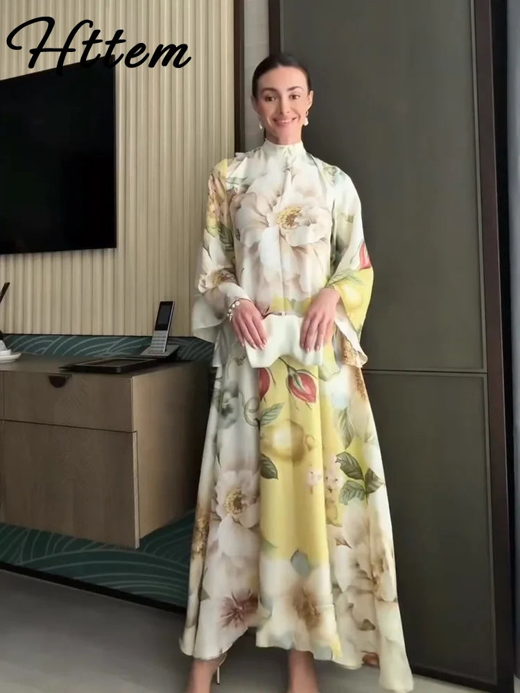 Elegant Long Print Women Dress Vacation Stand Collar Full Flare Sleeve Waist-cinching Female Dresses 2026 Summer Lady Robe New