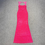 Multi Colours Backless Shiny Rhinestones Mesh Patchwork Long Dress For Women Slim Bodycon Evening Party Cocktail Gowns