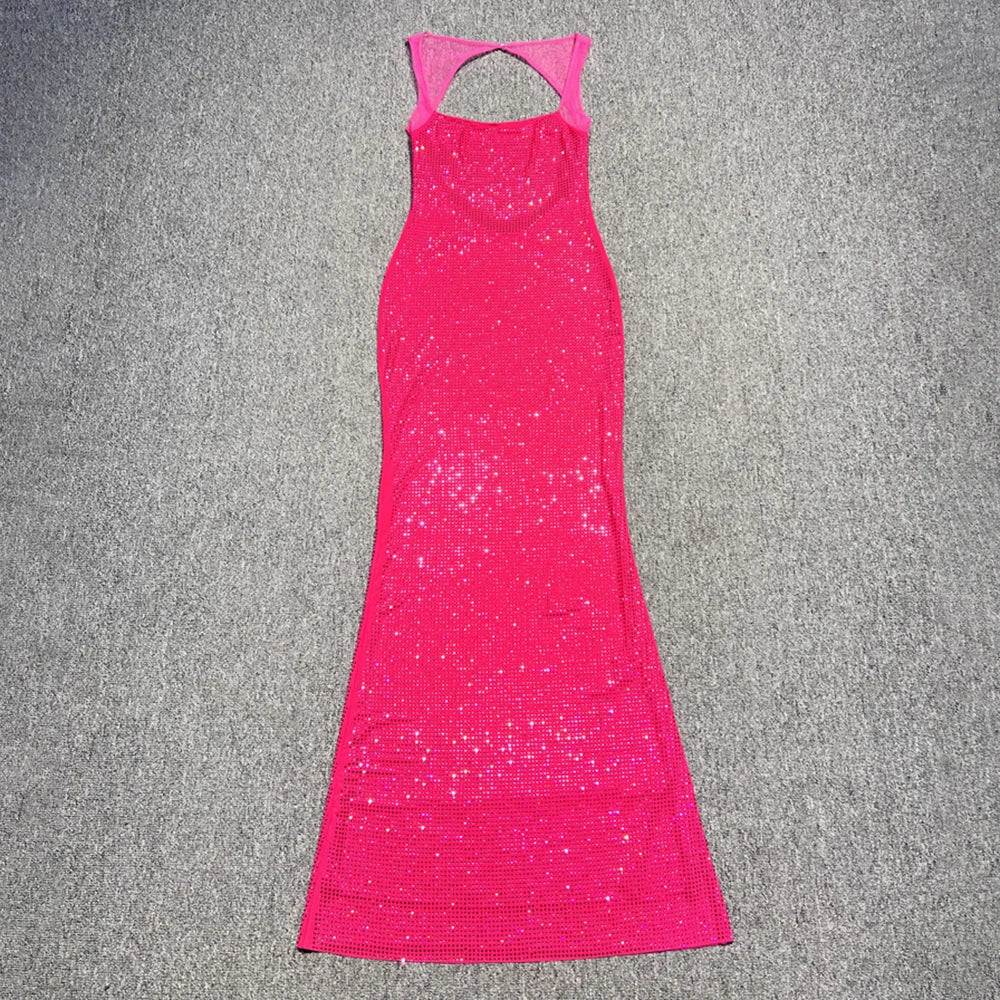 Multi Colours Backless Shiny Rhinestones Mesh Patchwork Long Dress For Women Slim Bodycon Evening Party Cocktail Gowns