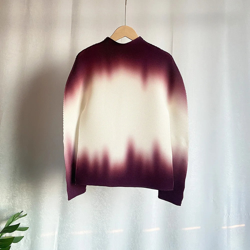 LANMREM Gradient Long Sleeves Women's Turtleneck Slim T Shirt Pleated Casual Female Fashion Clothes 2025 Spring New 2DC1065