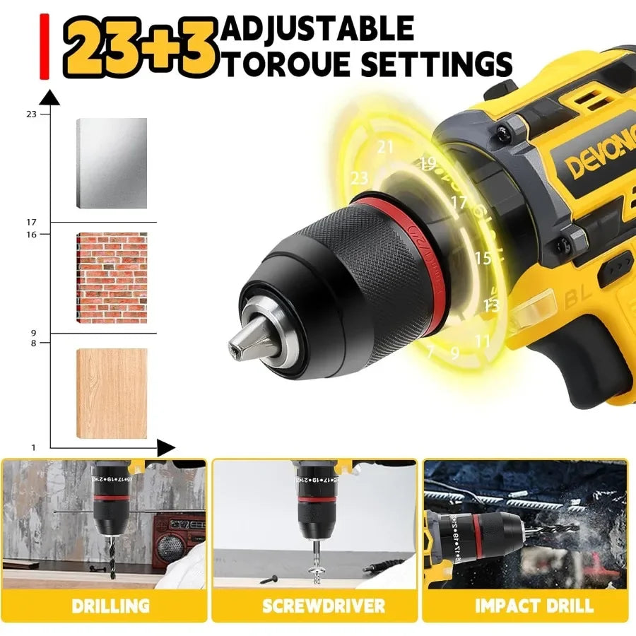 21V Brushless Cordless Drill with 2 Batteries and Fast Charger for Home and Professional Use 1/2 Inch Keyless Chuck Up to 450 I