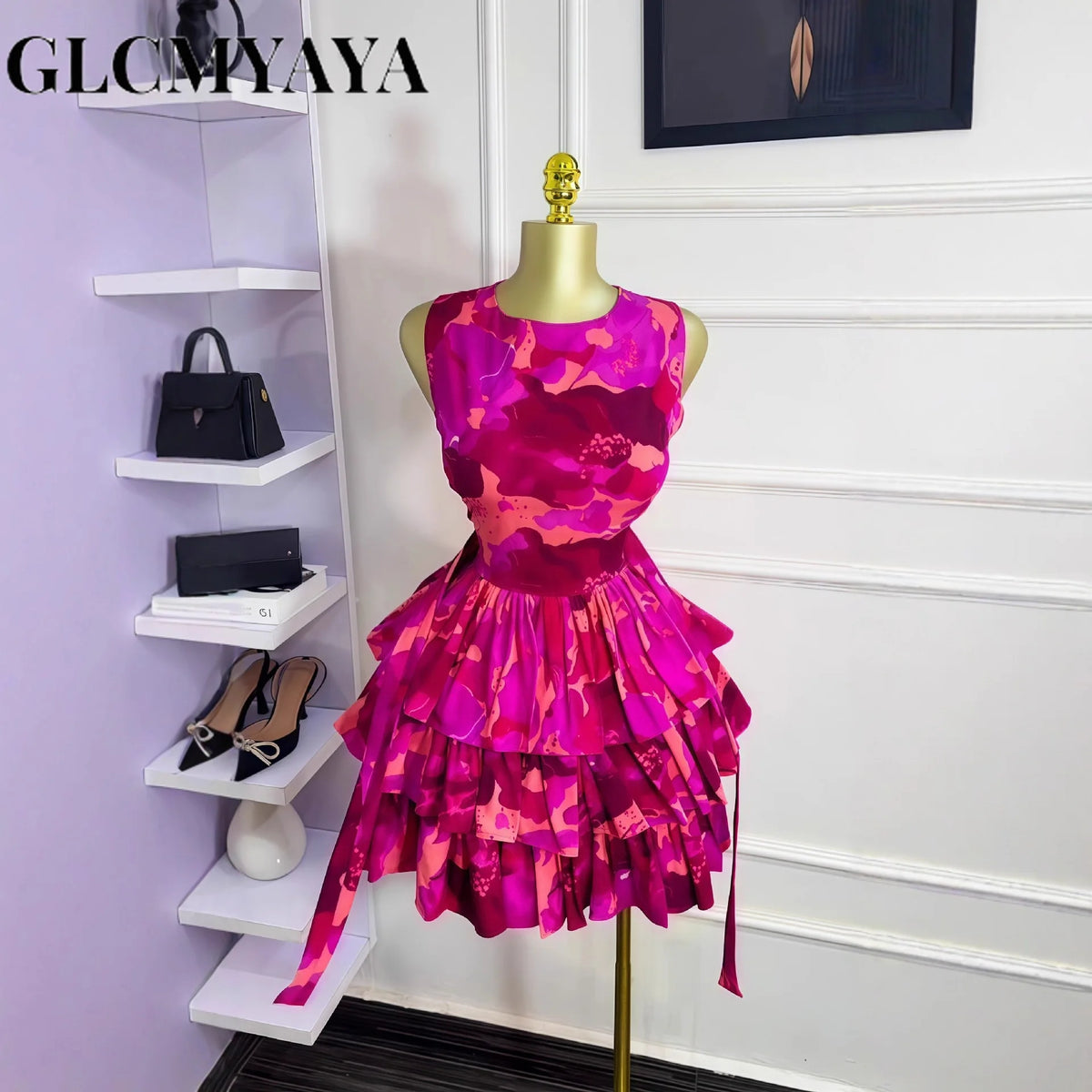 GLCMYAYA Women Floral Printed Sleeveless Cascading Ruffles Big Swing Ball Gown Dress 2025 Beach Vacation Holiday Vestido Dresses