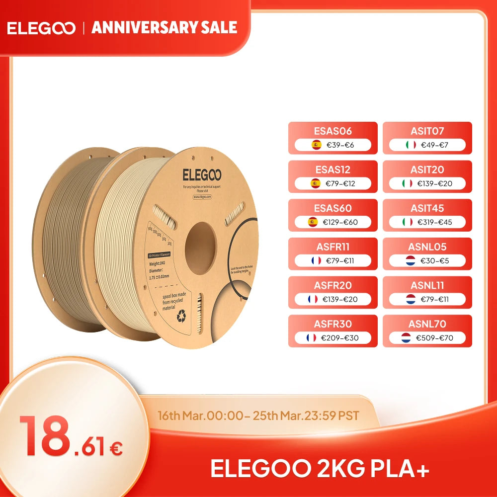 ELEGOO 1.75mm PLA+ Filament 2KG Set Plastic 3D PLA for Most FDM 3D Printers Dimensional Accuracy +/- 0.02mm 2pcs*1kg PLA+ Set