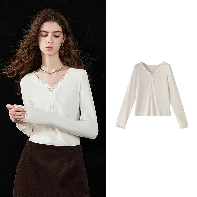 TOYOUTH Women T-shirt 2026 Winter New Lace Patch Fake Two Piece V Neck Cropped Fitted Top