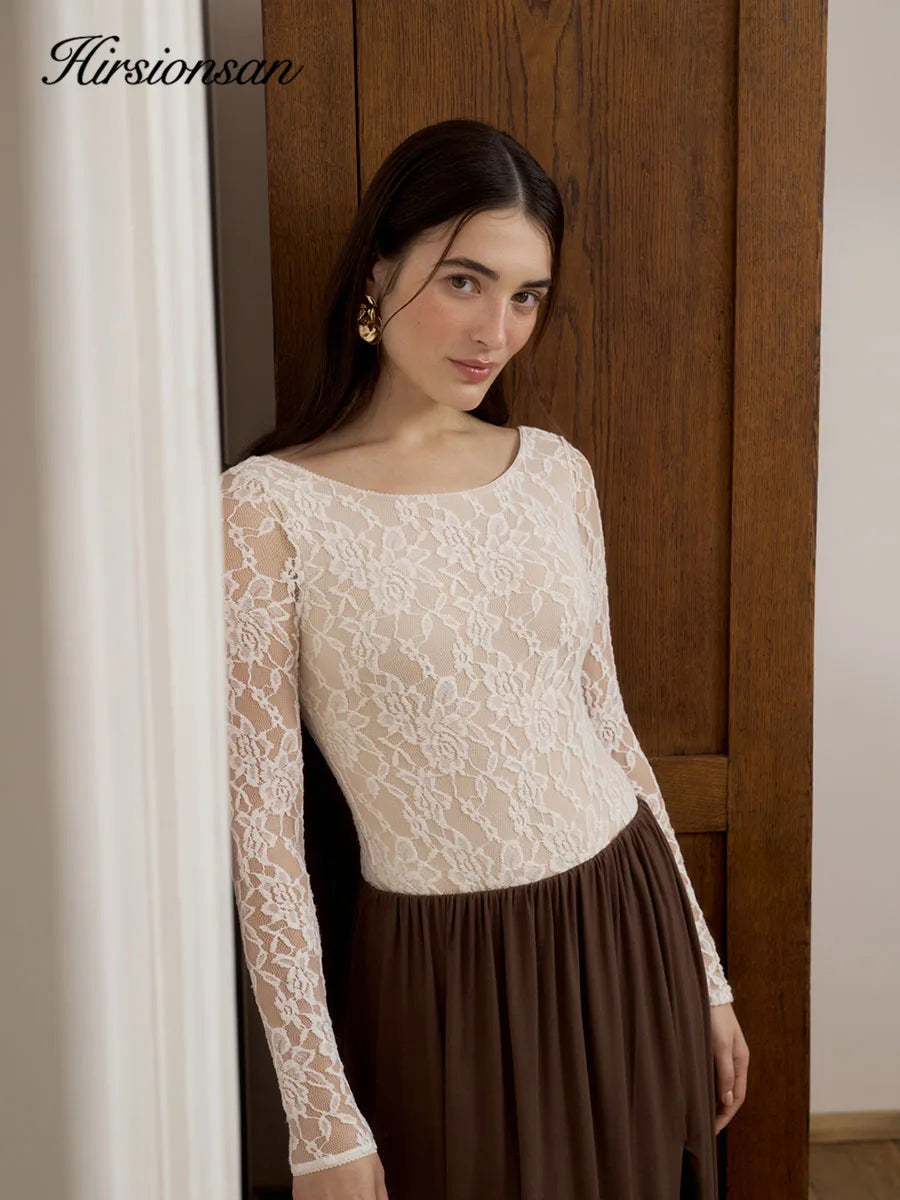Hirsionsan 2026 Pure Desire Long Sleeved Lace T-shirt for Women in Spring, Slim Fit, Waist Cinching, and Bottom Layer Shirt