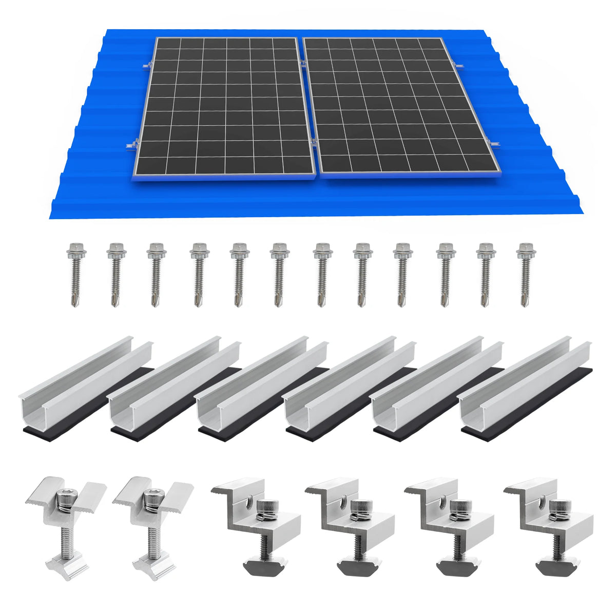 14/12/10/6pcs Solar Panel Mounting Brackets Mid and End Clamps and Rails Kit for Roofing Solar Panels of Multiple Sized