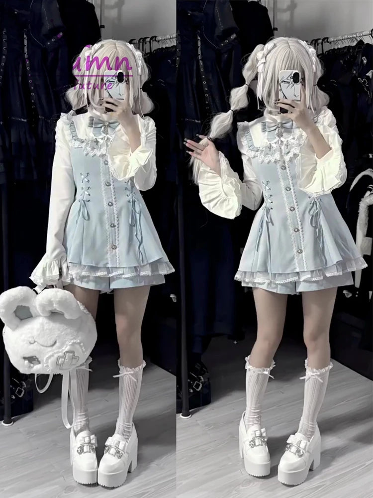 Mikumn Harajuku Y2k Japanese Lolita Style Dress With Shorts Kawaii Vestidos Women Gothic Lace Bow Flare Sleeve Party Mini Dress
