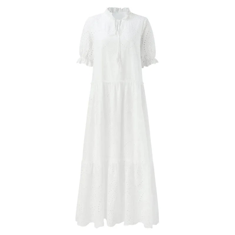 Summer Cotton White Dress for Women Casual Hollow Crochet Bohemian Loose Beach Long Dress Ladies Plus Size Holiday Ruffles Dress