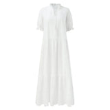 Summer Cotton White Dress for Women Casual Hollow Crochet Bohemian Loose Beach Long Dress Ladies Plus Size Holiday Ruffles Dress