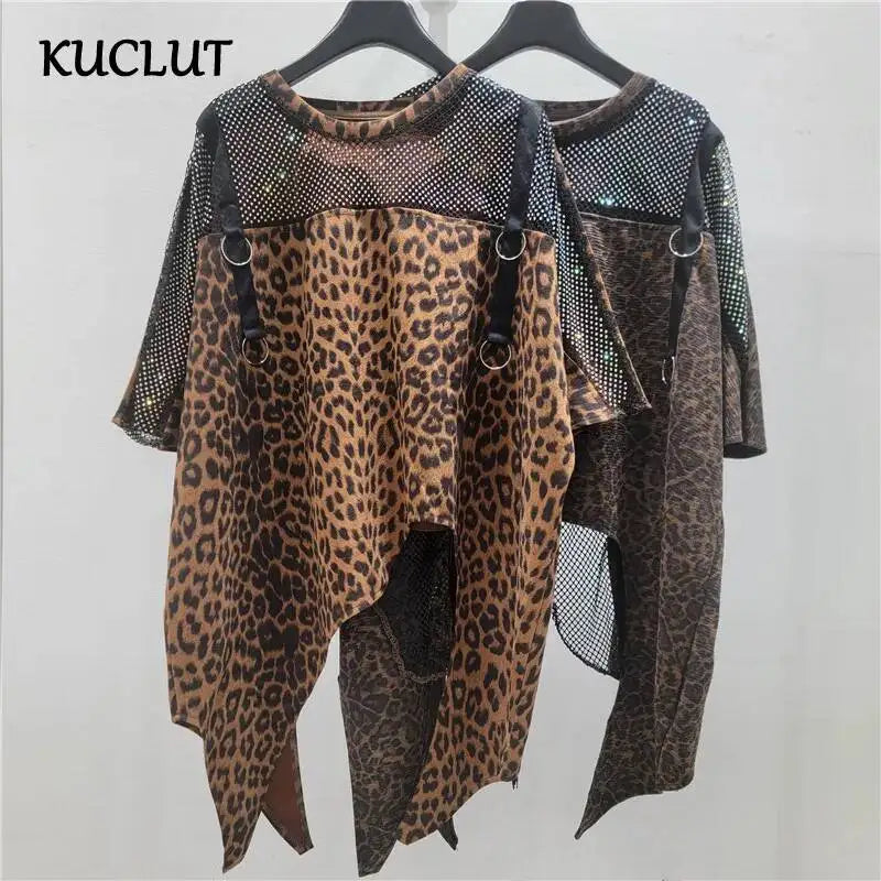 KUCLUT 2026 Summer New Faux Two-piece Mesh Patchwork Leopard Print Short-sleeve T-shirt For Women Loose Asymmetrical Tops 1A3719