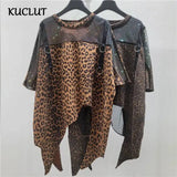 KUCLUT 2026 Summer New Faux Two-piece Mesh Patchwork Leopard Print Short-sleeve T-shirt For Women Loose Asymmetrical Tops 1A3719