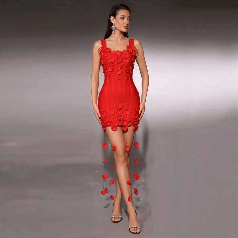 New Arrival Women Summer Fashion 3D Flowers Tassel Mini Bodycon Bandage Sleeveless Casual Party Dress