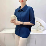 Miyake Pleated Lapel Button Up Short Sleeved Top for Women's Fashion,commuting Solid Color Shirt Spring 2024 Women's Clothing
