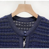 Women Diamond Embellished Sparkling Knitted Dress Hollow Out Elegant Female O-Neck Navy Blue Single Breasted Knit Midi Robe